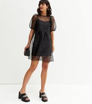 New Look Black Organza Puff Sleeve Mini Smock Dress